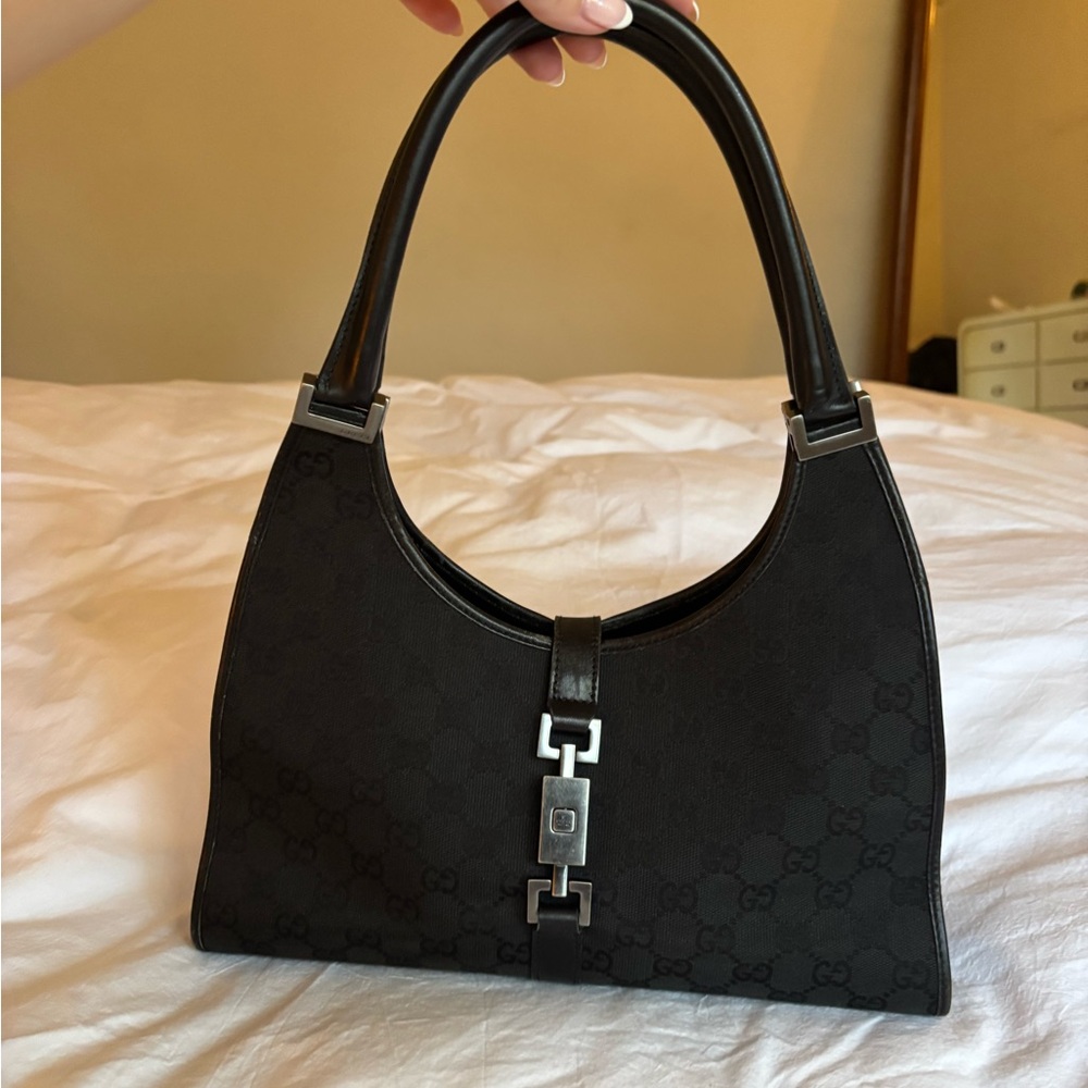 Gucci Black Bardot Monogrammed Shoulder Bag